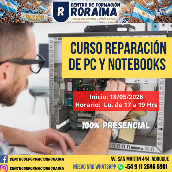 Curso de reparación de PC y notebooks presencial en Centro de Formación Roraima